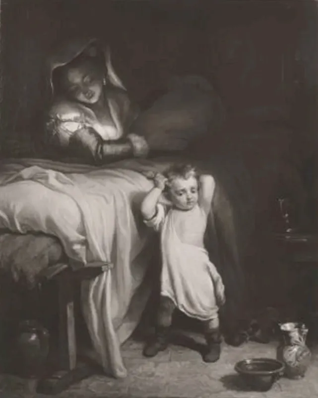 Interieur mit einer Frau und einem kleinen Jungen - Louis Brüls - 1856