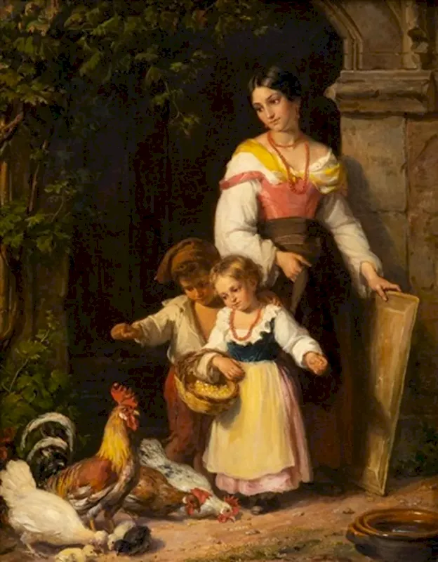 Moeder en twee kinderen voeren de kippen - Louis Brüls - 1859