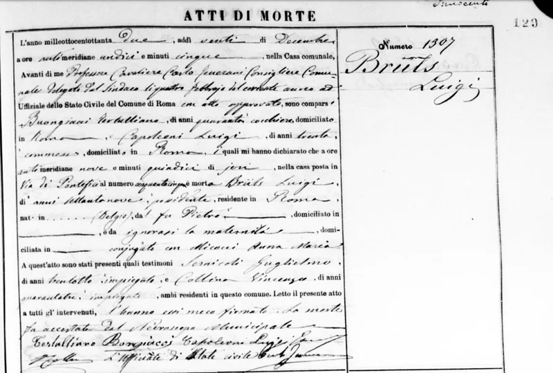 Sterbeurkunde von Luigi Brüls, Rom, 1882