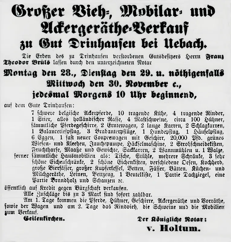 Anzeige im Echo der Gegenwart vom November 1892 zu Gut Drinhausen