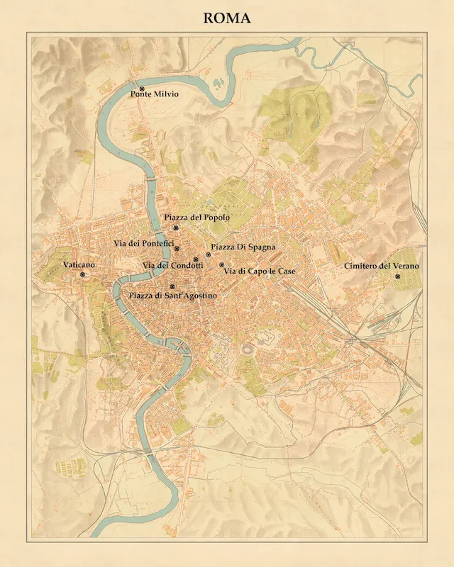 Carte ancienne de Rome indiquant les lieux associés à Louis Brüls